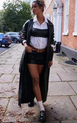 PrettyLittleThing Trench Coats*Faux Leather Rounded Shoulder Belted Maxi Trench Coat