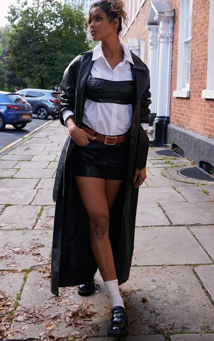 PrettyLittleThing Trench Coats*Faux Leather Rounded Shoulder Belted Maxi Trench Coat