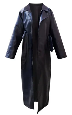 PrettyLittleThing Trench Coats*Faux Leather Rounded Shoulder Belted Maxi Trench Coat