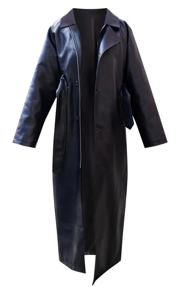 PrettyLittleThing Trench Coats*Faux Leather Rounded Shoulder Belted Maxi Trench Coat