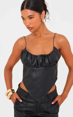 Hot PrettyLittleThing Faux Leather Ruched Bust Curve Hem Top Black