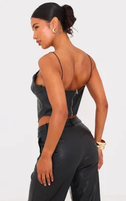 Hot PrettyLittleThing Faux Leather Ruched Bust Curve Hem Top Black