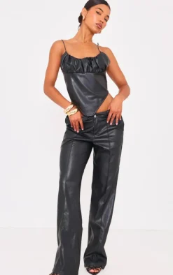 Hot PrettyLittleThing Faux Leather Ruched Bust Curve Hem Top Black