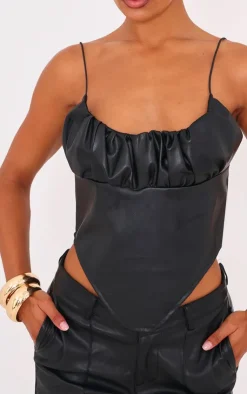 Hot PrettyLittleThing Faux Leather Ruched Bust Curve Hem Top Black