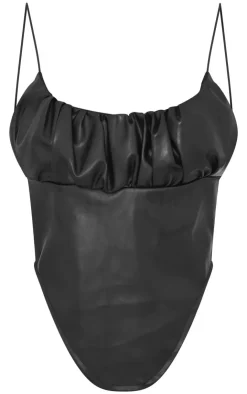 Hot PrettyLittleThing Faux Leather Ruched Bust Curve Hem Top Black