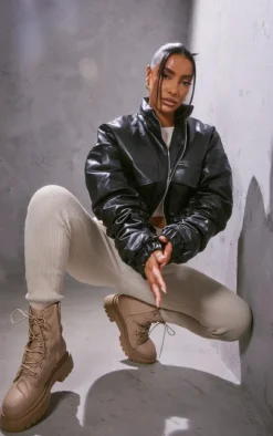 PrettyLittleThing Bomber Jackets*Faux Leather Ruched Sleeve Cropped Bomber Jacket