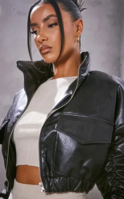 PrettyLittleThing Bomber Jackets*Faux Leather Ruched Sleeve Cropped Bomber Jacket