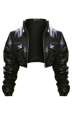 PrettyLittleThing Bomber Jackets*Faux Leather Ruched Sleeve Cropped Bomber Jacket