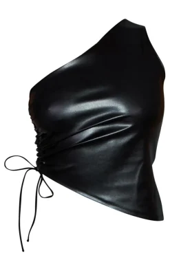 Hot PrettyLittleThing Faux Leather Ruched Asymmetric One Shoulder Top Black
