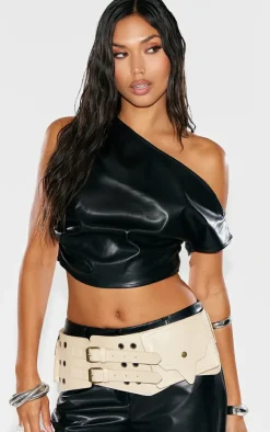 Discount PrettyLittleThing Faux Leather Ruched One Shoulder Asymmetric Crop Top Black