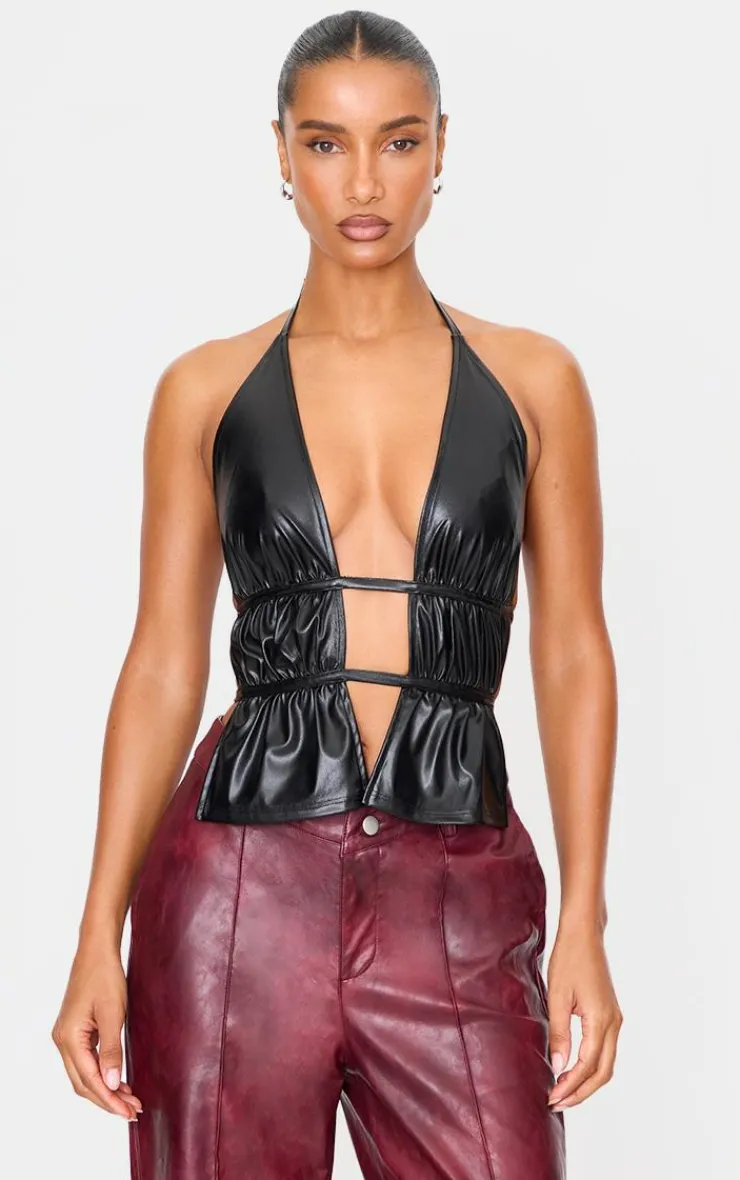 PrettyLittleThing Bralets*Faux Leather Ruched Halterneck Long Top