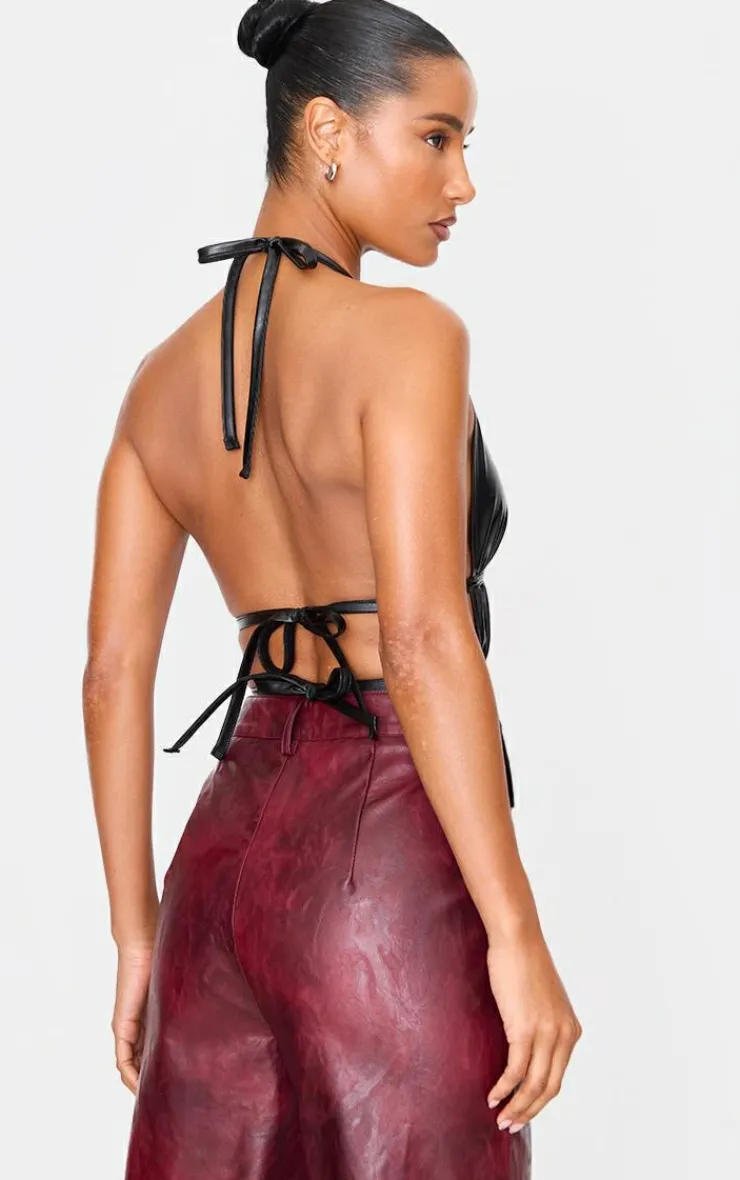 PrettyLittleThing Bralets*Faux Leather Ruched Halterneck Long Top