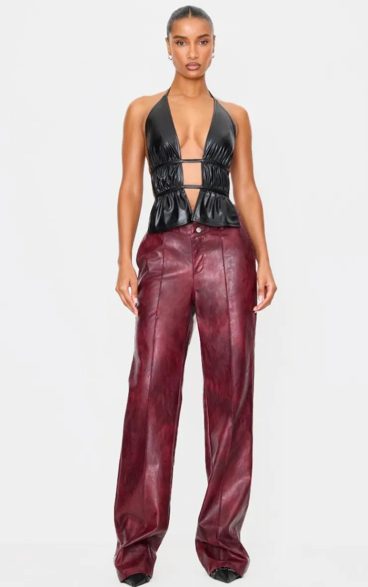 PrettyLittleThing Bralets*Faux Leather Ruched Halterneck Long Top