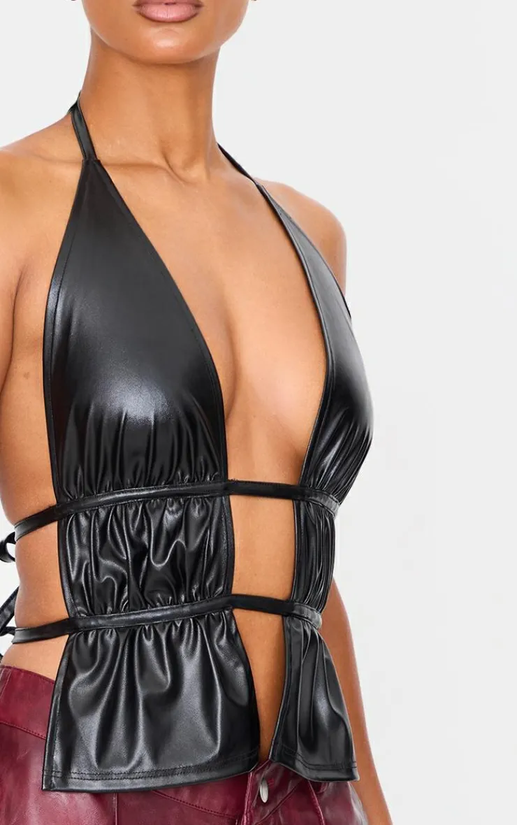 PrettyLittleThing Bralets*Faux Leather Ruched Halterneck Long Top