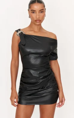 Hot PrettyLittleThing Faux Leather Ruched Mini Skirt Black