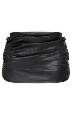 Hot PrettyLittleThing Faux Leather Ruched Mini Skirt Black