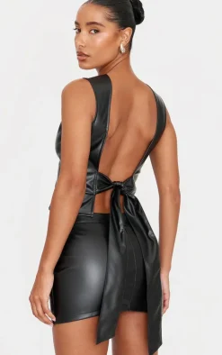 PrettyLittleThing Faux Leather Seam Detail Open Back Long Top Black