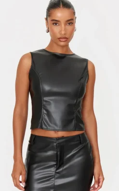 PrettyLittleThing Faux Leather Seam Detail Open Back Long Top Black