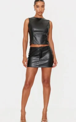 PrettyLittleThing Faux Leather Seam Detail Open Back Long Top Black