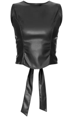 PrettyLittleThing Faux Leather Seam Detail Open Back Long Top Black