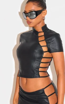 Clearance PrettyLittleThing Faux Leather Side Open Detail High Neck Top Black