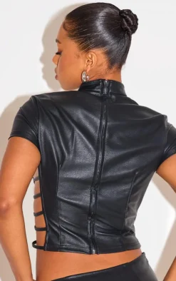 Clearance PrettyLittleThing Faux Leather Side Open Detail High Neck Top Black