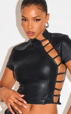 Clearance PrettyLittleThing Faux Leather Side Open Detail High Neck Top Black