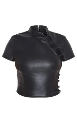 Clearance PrettyLittleThing Faux Leather Side Open Detail High Neck Top Black