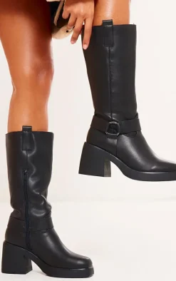 PrettyLittleThing High Heels*Faux Leather Square Toe Buckle Chunky Heeled Thigh High Boots