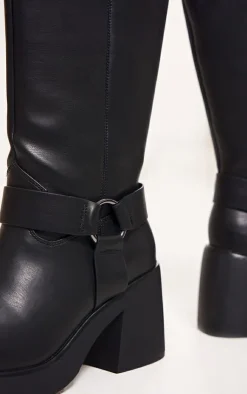 PrettyLittleThing High Heels*Faux Leather Square Toe Buckle Chunky Heeled Thigh High Boots