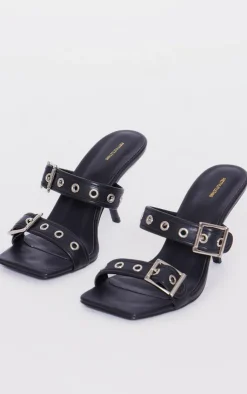 PrettyLittleThing Mules*Faux Leather Square Toe Double Buckle Mid Heeled Mules