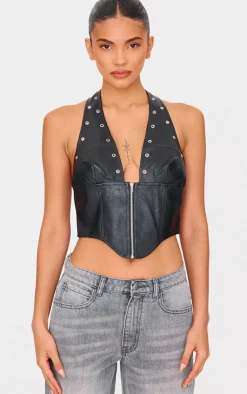 Faux Leather Studded Halter Neck Crop Top-PrettyLittleThing Best