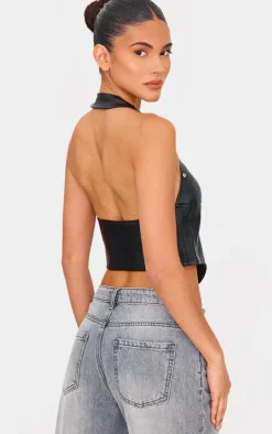 Faux Leather Studded Halter Neck Crop Top-PrettyLittleThing Best