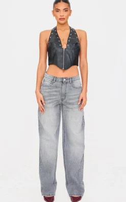 Faux Leather Studded Halter Neck Crop Top-PrettyLittleThing Best