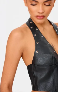 Faux Leather Studded Halter Neck Crop Top-PrettyLittleThing Best