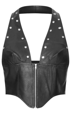 Faux Leather Studded Halter Neck Crop Top-PrettyLittleThing Best