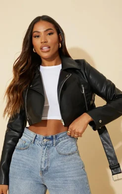 PrettyLittleThing Faux Leather Jackets*Faux Leather Super Cropped Belted Biker Jacket