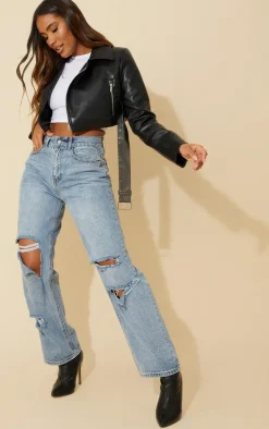 PrettyLittleThing Faux Leather Jackets*Faux Leather Super Cropped Belted Biker Jacket