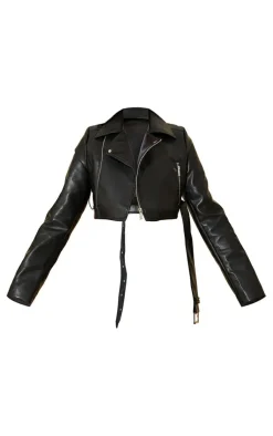 PrettyLittleThing Faux Leather Jackets*Faux Leather Super Cropped Belted Biker Jacket