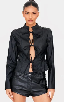 PrettyLittleThing Blouses*Faux Leather Tie Front Fitted Blouse