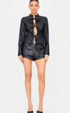 PrettyLittleThing Blouses*Faux Leather Tie Front Fitted Blouse
