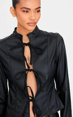 PrettyLittleThing Blouses*Faux Leather Tie Front Fitted Blouse