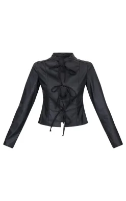 PrettyLittleThing Blouses*Faux Leather Tie Front Fitted Blouse