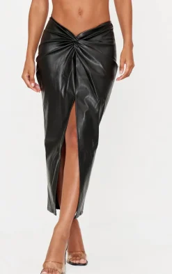 Faux Leather Twist Detail Front Midi Skirt-PrettyLittleThing Online