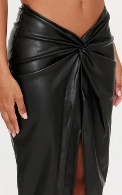 Faux Leather Twist Detail Front Midi Skirt-PrettyLittleThing Online