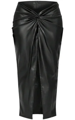 Faux Leather Twist Detail Front Midi Skirt-PrettyLittleThing Online