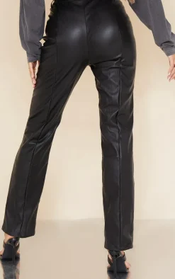 Black Faux Leather V Front Straight Leg Pants