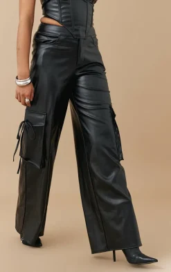 Clearance PrettyLittleThing Faux Leather Wide Leg Cargo Pants Black