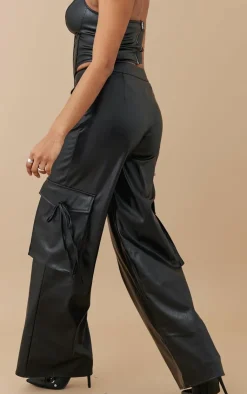 Clearance PrettyLittleThing Faux Leather Wide Leg Cargo Pants Black