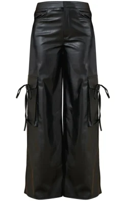 Clearance PrettyLittleThing Faux Leather Wide Leg Cargo Pants Black